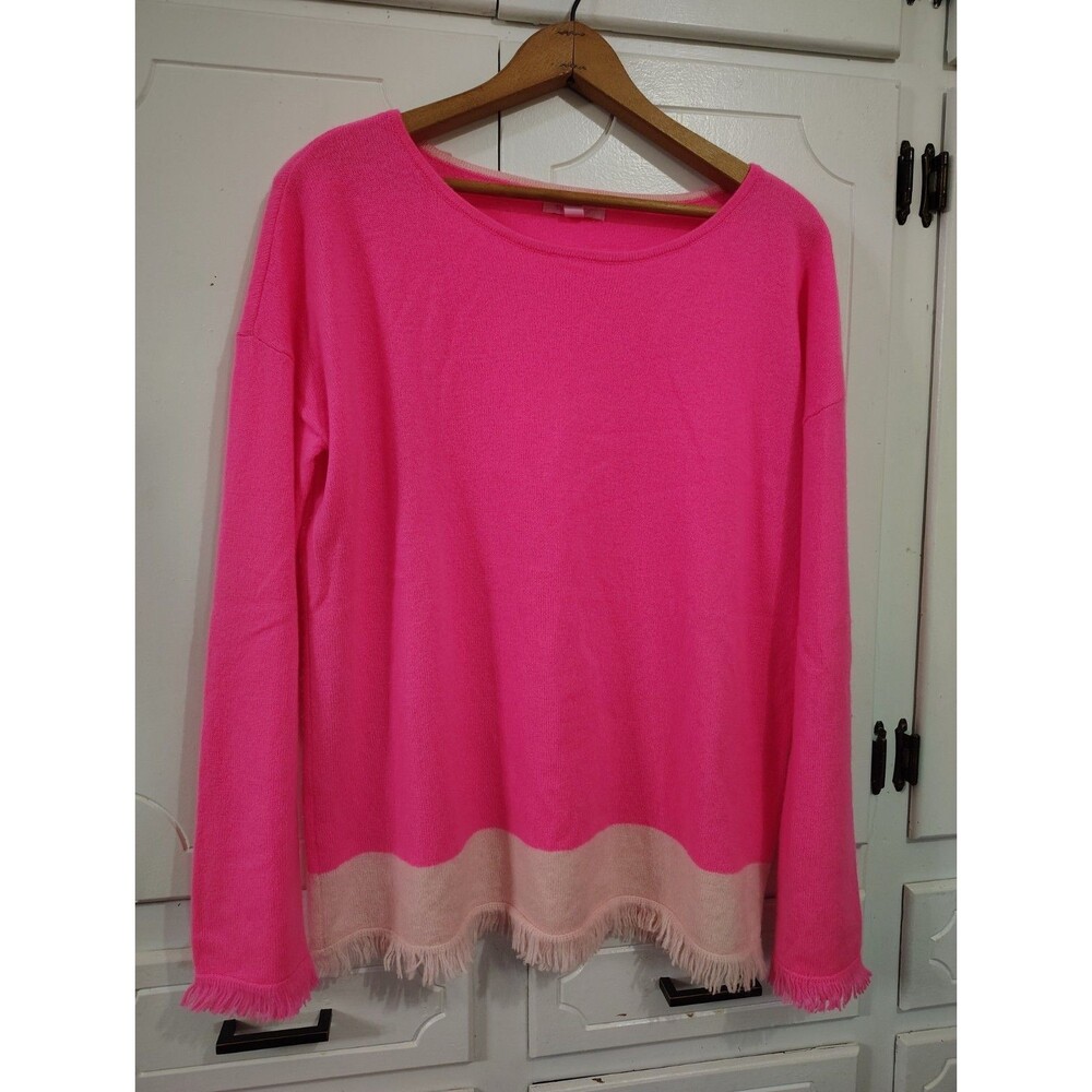 Lilly Pulitzer Fairfax Cashmere Sweater Pink  Colorblock Fringe Pullover Medium